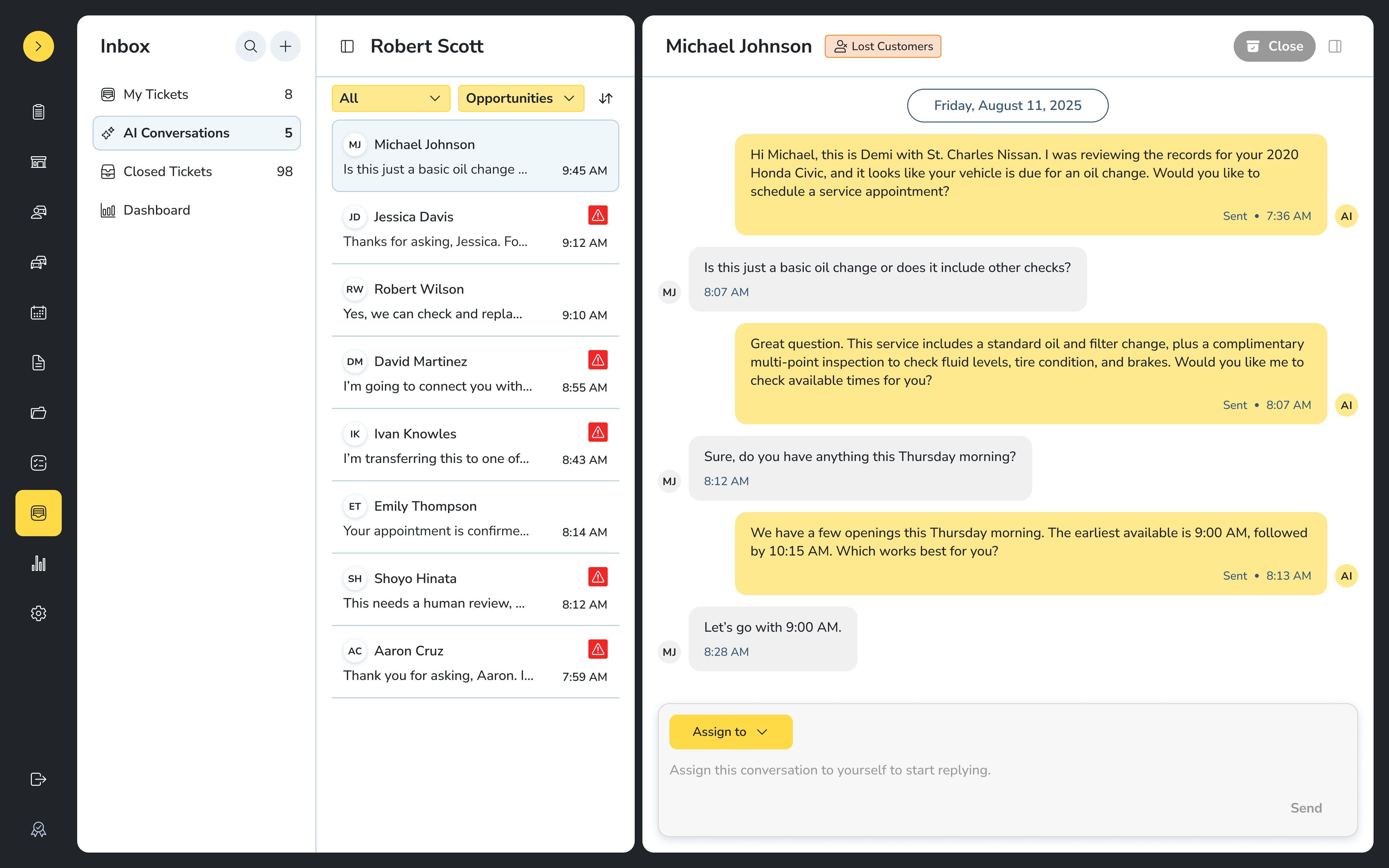 BizzyCar AI handling lost customer objections via sms