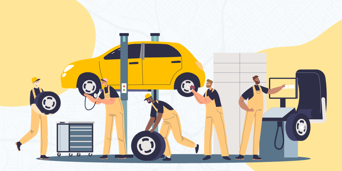 A group of service workers, working on a yellow car in yellow overalls